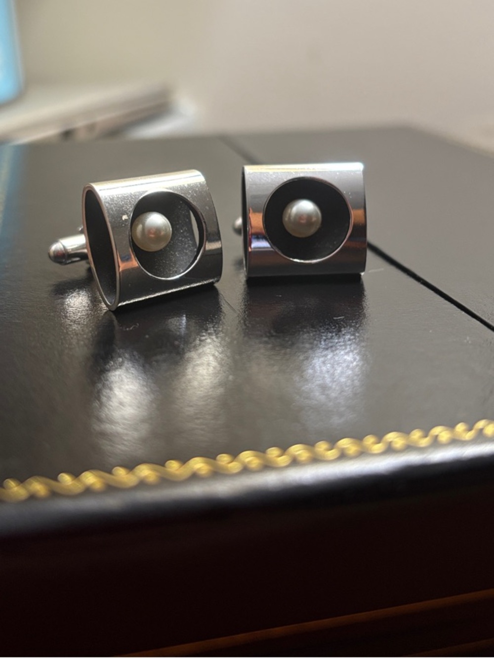 Silver Tone Square Cufflinks with Pearl Accent